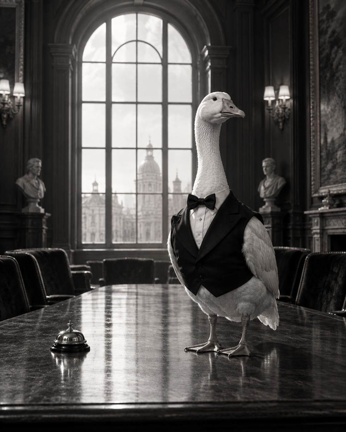 A goose in formal evening wear